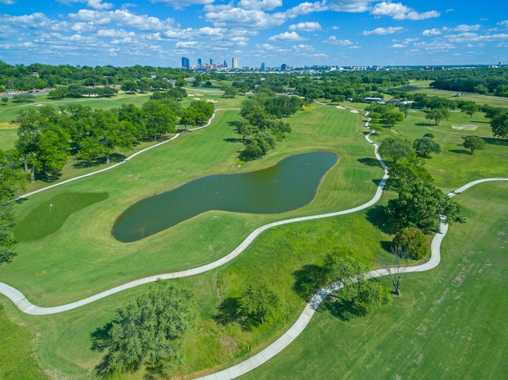 Aerial view of Rockwood Park Golf Course and Fort Worth skyline